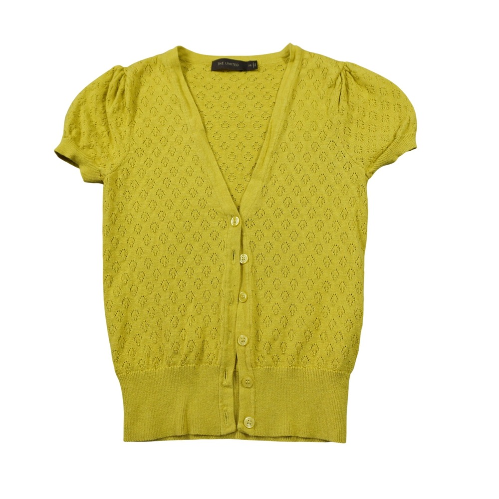 The Limited Mustard Yellow Pointelle Cotton Short Sleeve Cardigan Sweater Girly
